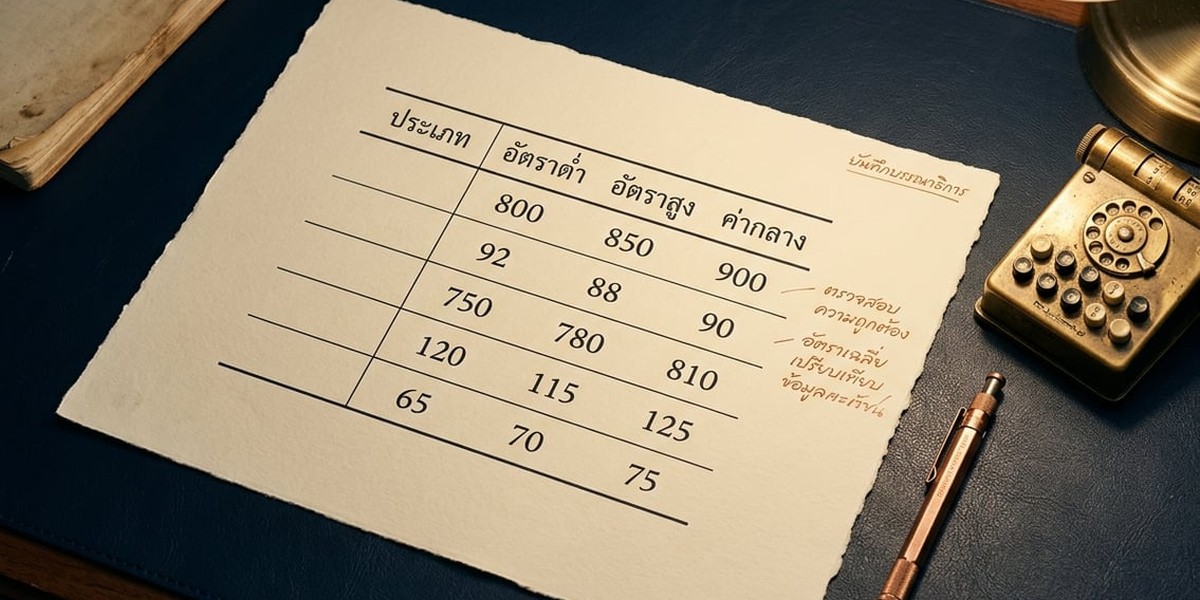 ตารางเปรียบเทียบอัตราจ่ายเว็บหวยออนไลน์บนแผ่นกระดาษพร้อมปากกาและเครื่องคิดเลขบนโต๊ะบรรณาธิการ