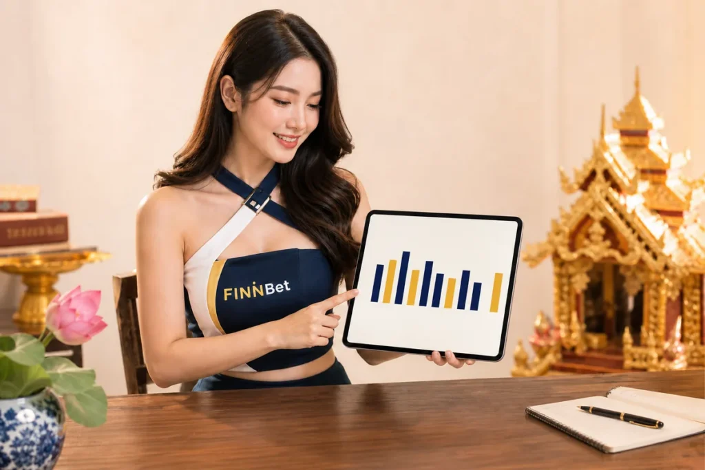 หญิงไทยถือแท็บเล็ตแสดงกราฟแท่งสถิติเกี่ยวกับสถิติหวย